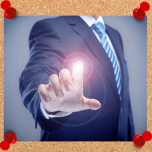 The psychology of power is depicted in this image with a businessman reaching a finger out as it lights up an invisible touchscreen.