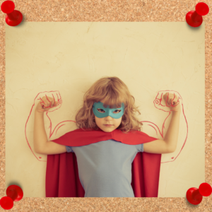 Image depicts the psychology of power with a female child in a muscled pose with an outline of large muscles behind her.