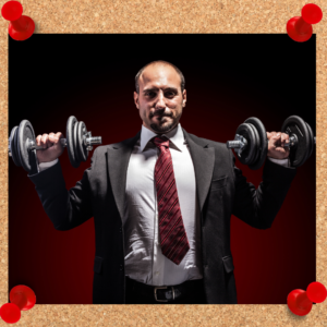 The image depicts the psychology of power with a businessman holding dumbbells. 