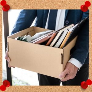 A retention strategy aims to prevent turnover by beginning with study and research. The image depicts an employee carrying a box of belongings as they quit their job. Let's prevent this!