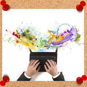 Image displays hands on a laptop keyboard with colors like paint flowing from the screen in an image of creative thinking. 