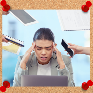 Boundaries may even include time for a break. The photo displays a working woman with various items being pushed her way, including a tablet, notebook, cell phone, and paperwork.