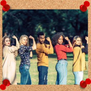 A group of people posing in a "muscle" shot to depict the strength of a leadership philosophy.