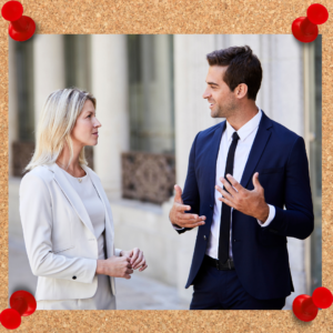 Leadership communication image depicts male and female employees chatting outside an office building.